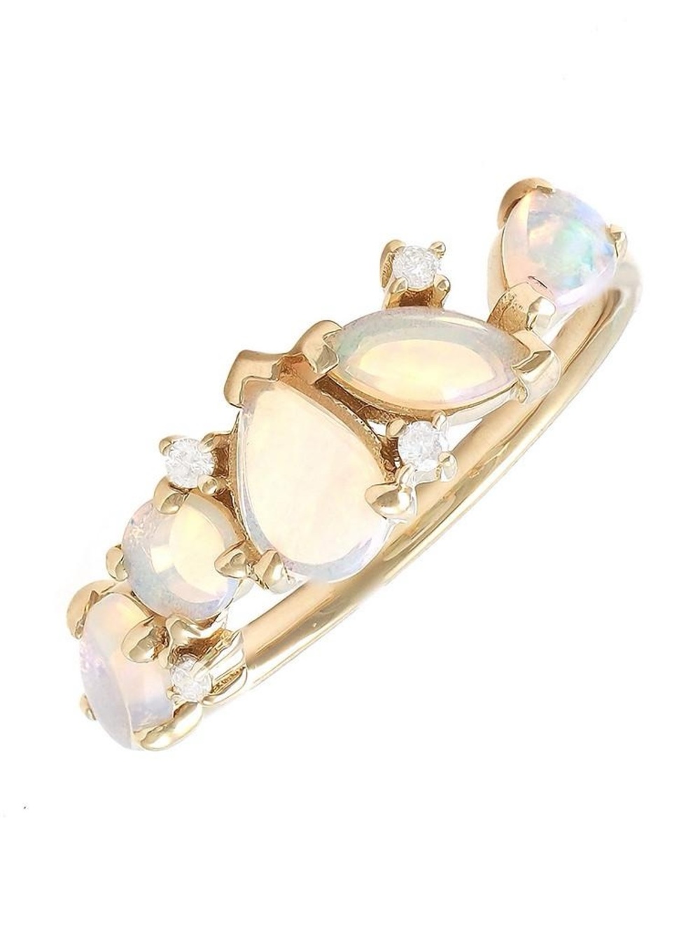 14K Real Solid Yellow Gold Natural Opal & Diamond Band Ring 7mm Size 6.5